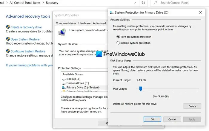 Configure System Restore Space