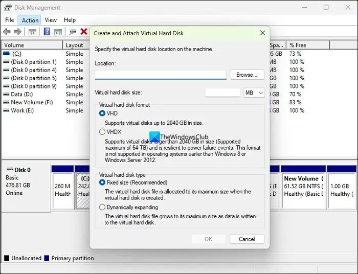 Create and attach VHD Windows