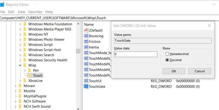 disable touch by registry