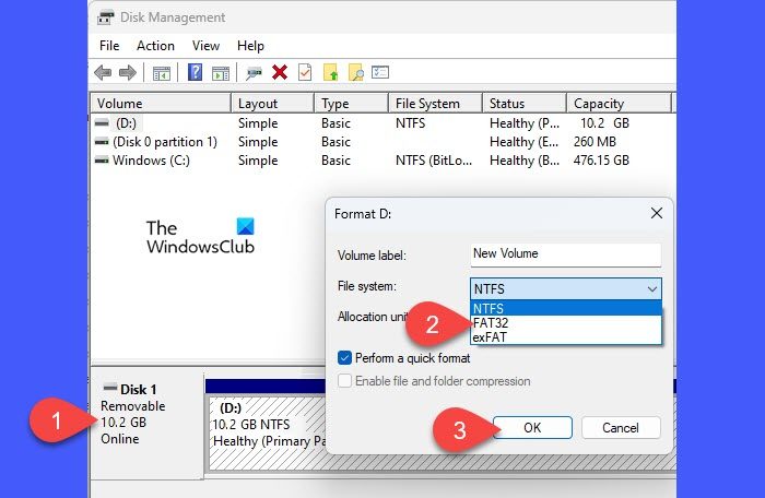 Format USB to FAT32 using Disk Management