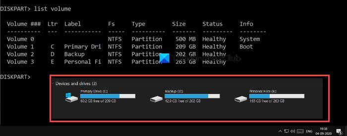 Hide partitions command prompt