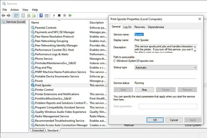 Print Spooler properties