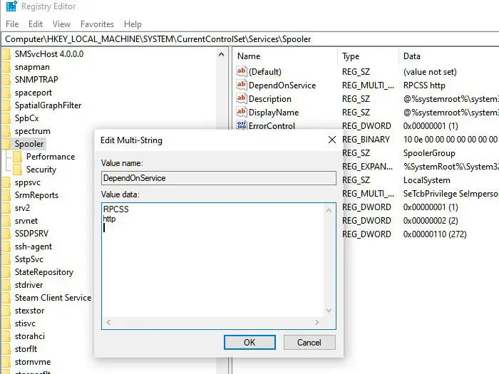 Spooler Service Registry Settings