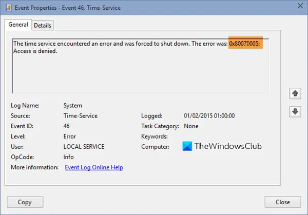The Time service encountered and was forced to shut down, Error 0x80070005