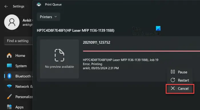 Cancelling current print job in Windows