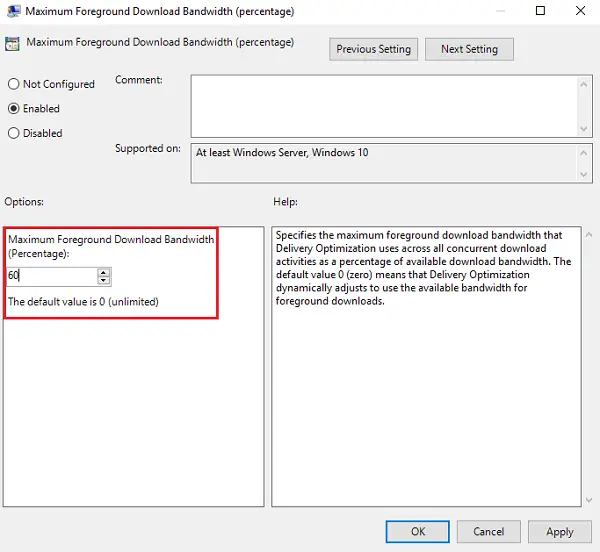 Change Maximum Foreground Download Bandwidth percentage