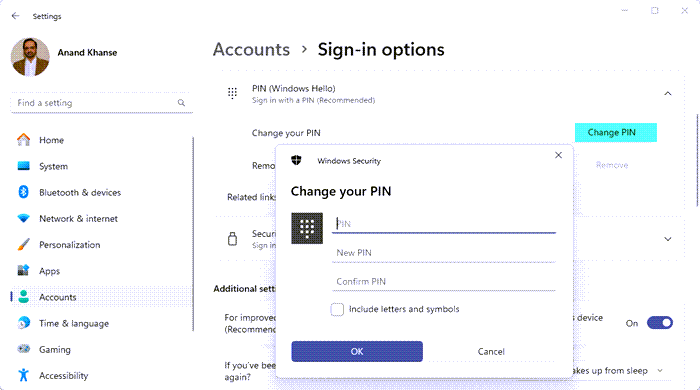change PIN in windows 11