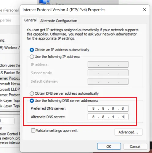 Change to public Google DNS servers