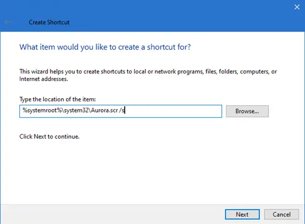Create a shortcut to launch Screensaver
