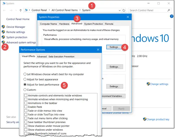 Adjust PC for best performance Open Control Panel > System > Advanced system settings > System properties Advanced tab > Performance Settings > Visual Effects. Select Adjust for best performance and click Apply and exit.
