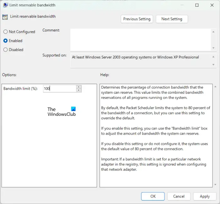 Limit Reservable Bandwidth Policy Setting