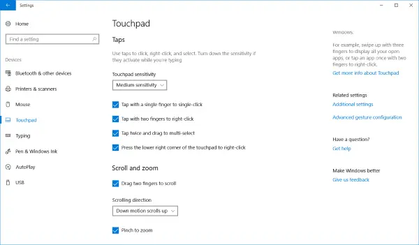 Precision Touchpad settings in Windows 10
