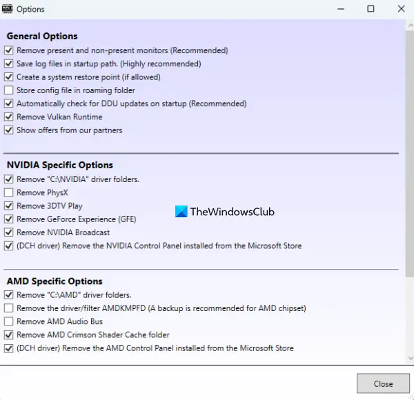 set display driver uninstaller options