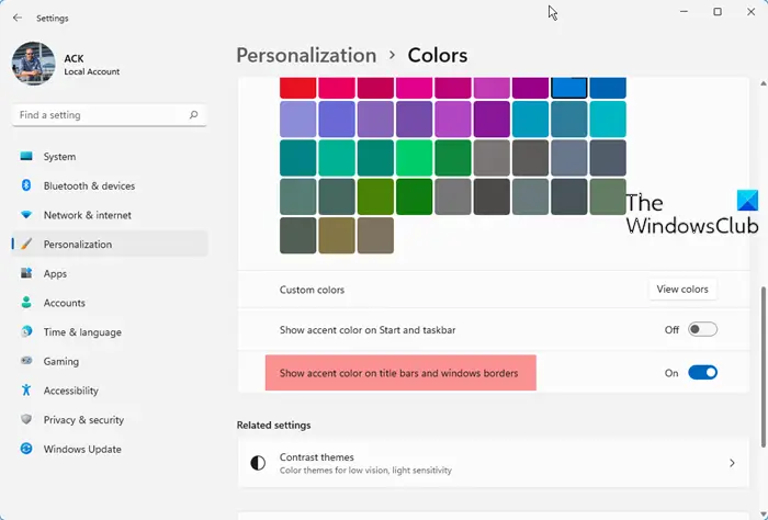 Show accent color on the title bars and windows borders