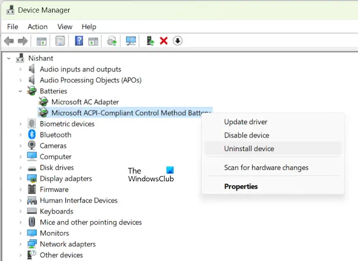 Uninstall battery driver