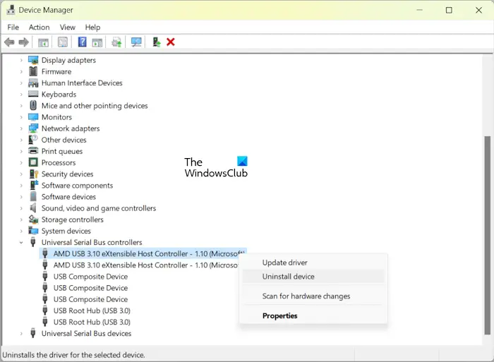 Uninstall USB Controller driver