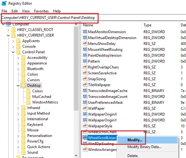 Update WheelScrollLines settings via registry