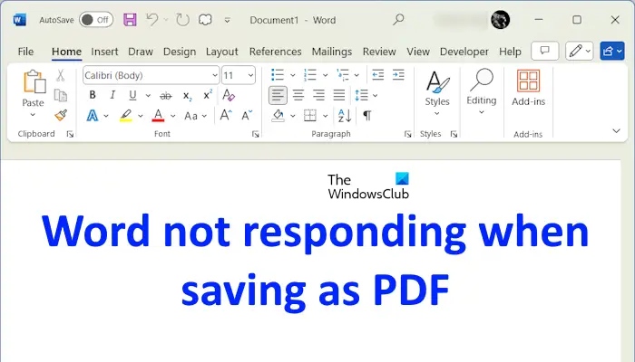 Word not responding saving as PDF
